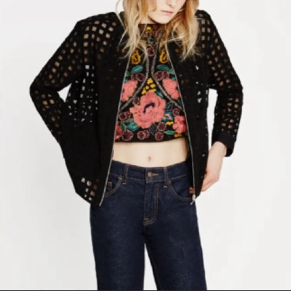 RARE! NWOT Zara Sheer Checkered Bomber Jacket / Cardigan - sz S, Black